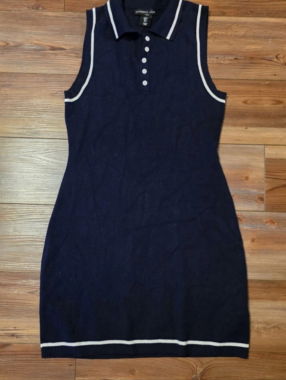 Sincerely Jules Navy Blue Sleeveless Knit Polo Dress White Trim Size L